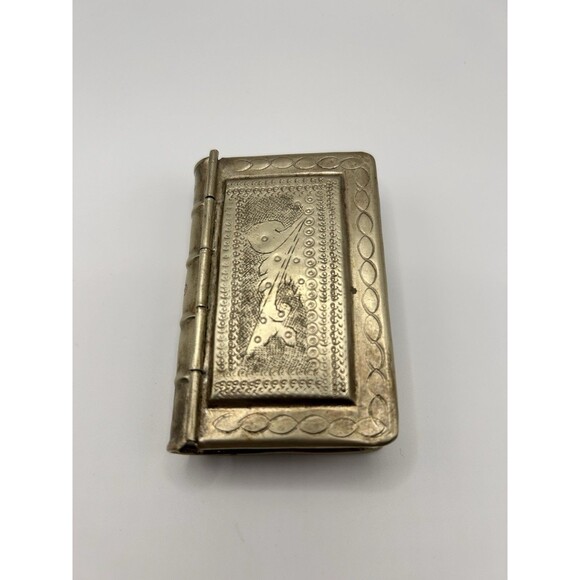 Vintage Pewter Book Shaped Snuff Box (1820-1910) Peacock Engraved HingedCase